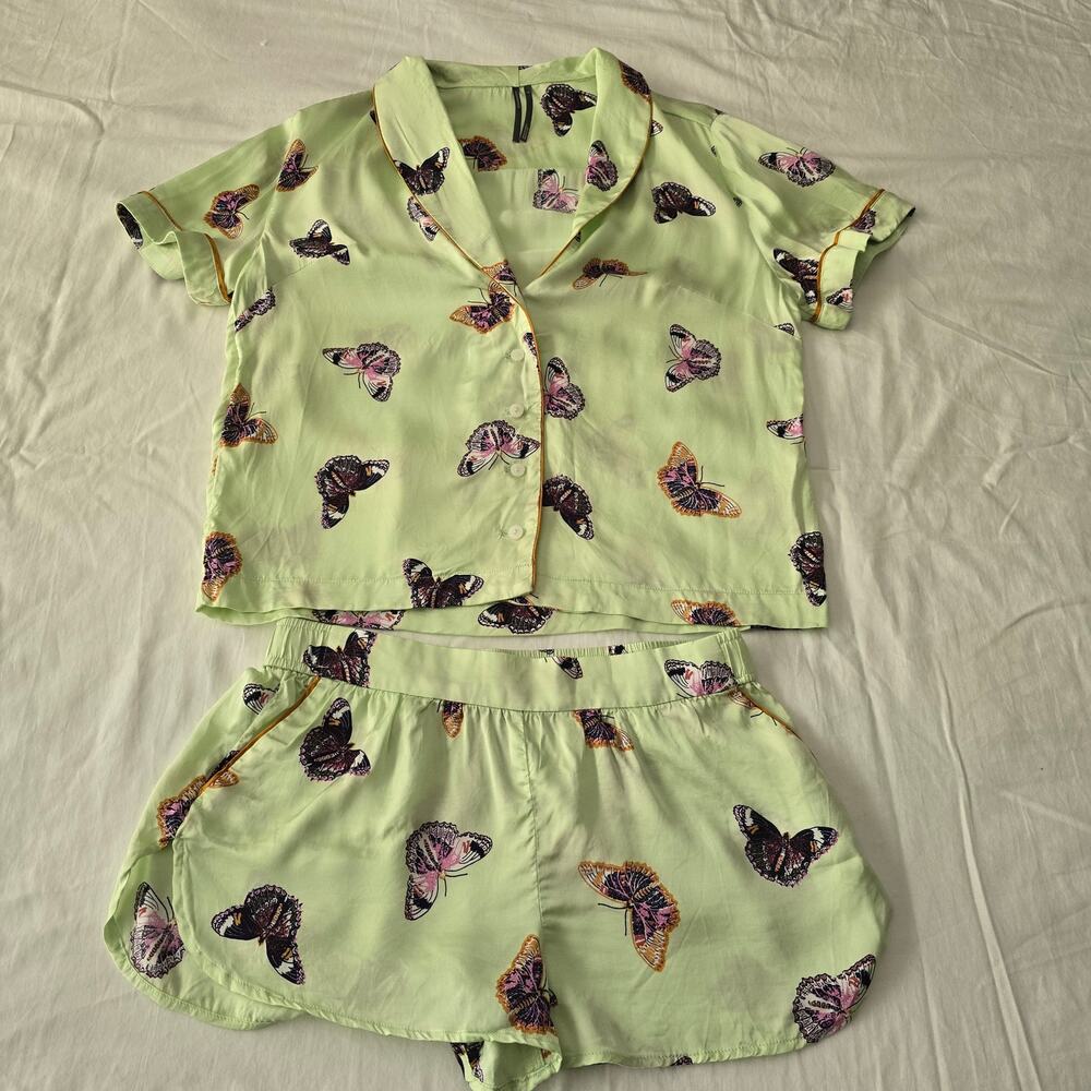 Anthro Butterfly Pajama Set Top S Shorts XS Green Lounge Sleepwear Resort girly - Picture 2 of 15